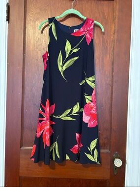 Women’s Navy Floral A-Line Dress with Pink & Green Print